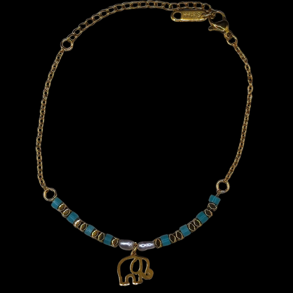 Bracelet en acier inoxydable avec perles bleu et éléphant
