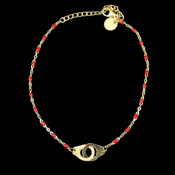 Bracelet cheville en acier inoxydable doré avec perles rouges menottes