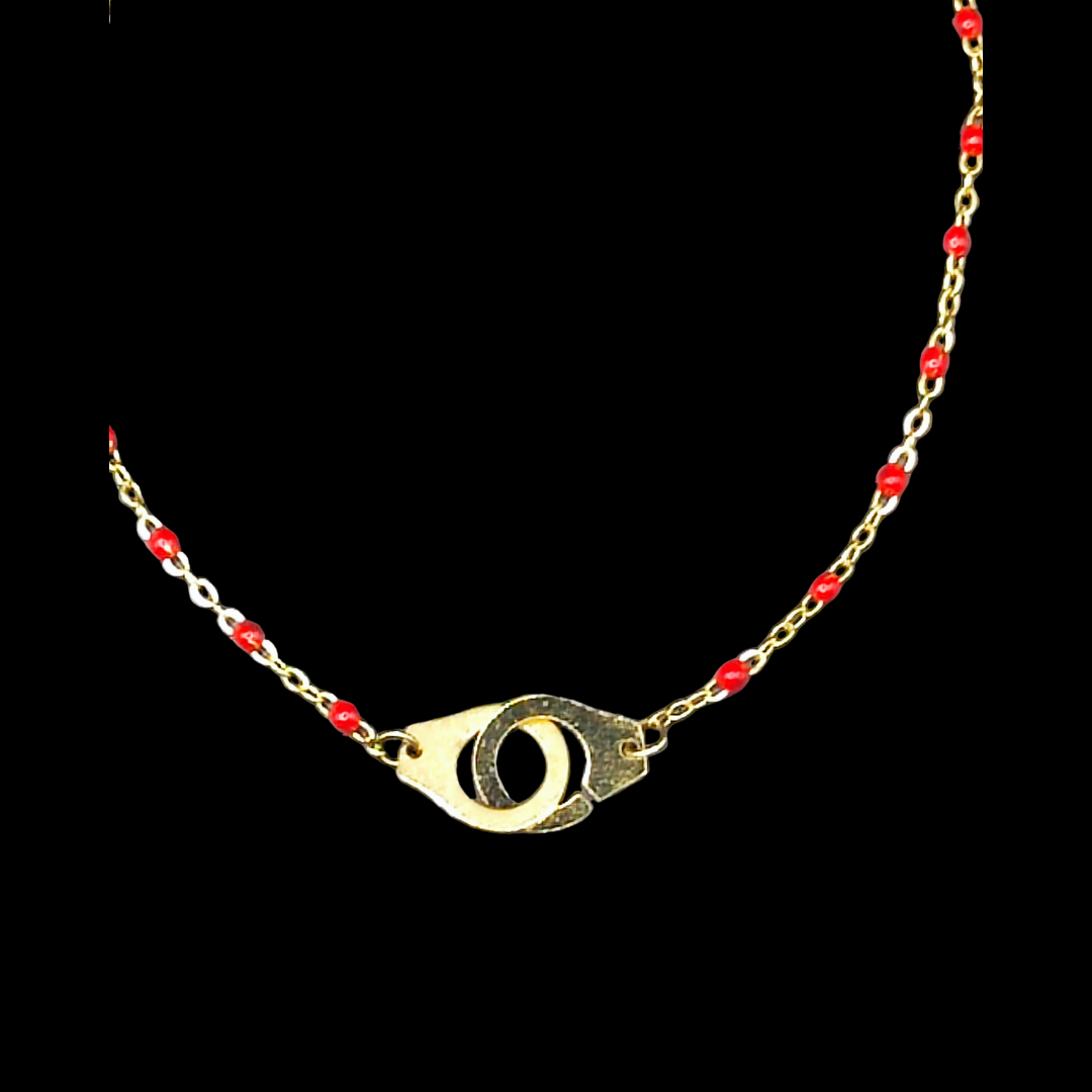 Bracelet cheville en acier inoxydable menottes doré perles rouge