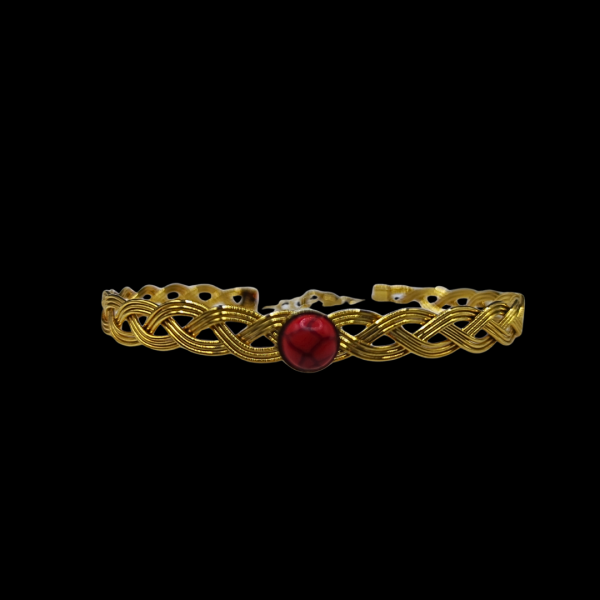 Bracelet tressé en acier inoxydable doré avec perle rouge