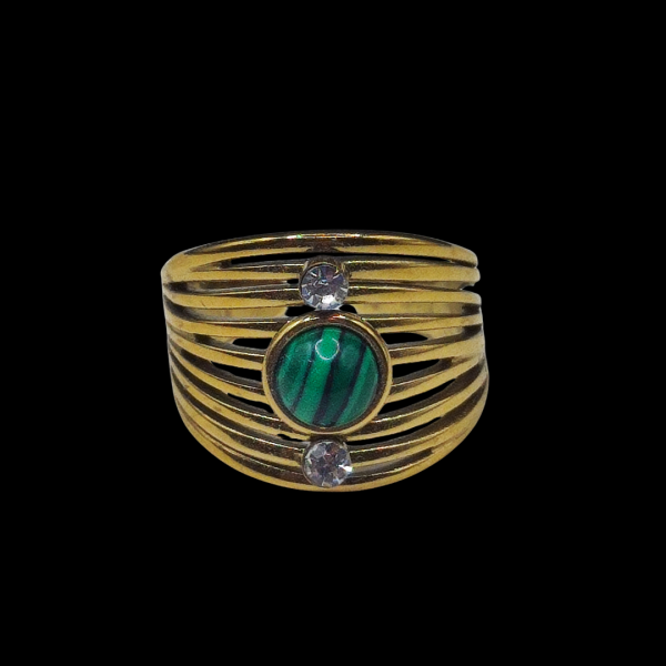 Bague en acier inoxydable perle verte et strass